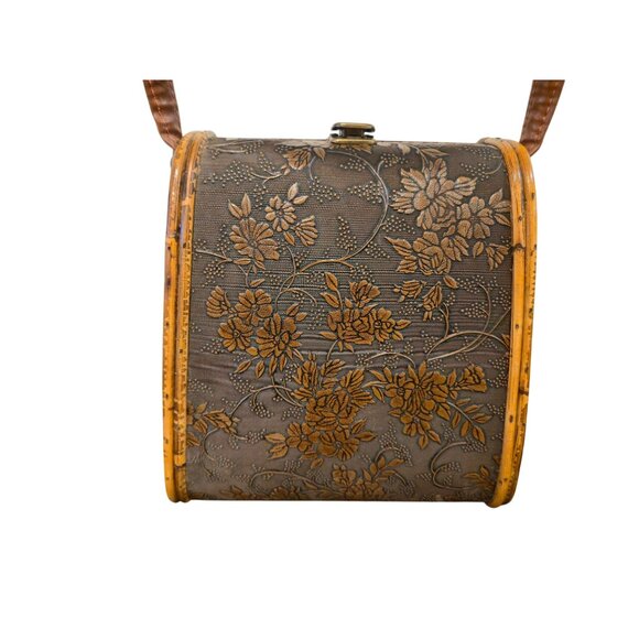 Vintage wood & bamboo basket handbag purse embossed Floral Latch Closure retro - Picture 5 of 12